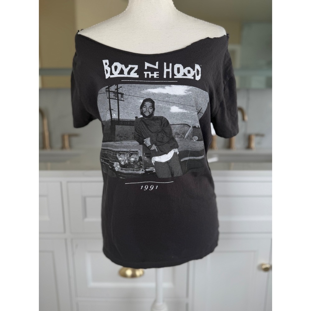Boyz N The Hood Shirt Womens S/M Black Off Shoulder Graphic Raw Hem 1991 Edgy